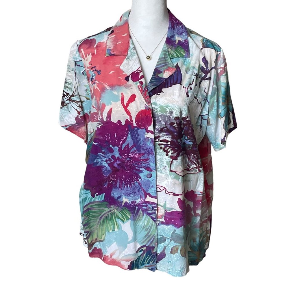 Jams World Womens Hawaiian Button Down Shirt  M Purple, Pink Blues and Greens